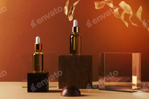 Preview: Closeup of skin care products with a golden plant against the orange background.