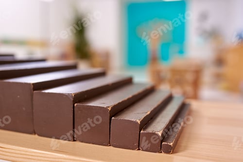 Preview: Light class in Montessori kindergarten. The brown stairs is in the foreground. nobody