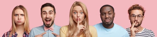 Preview: Mixed race people being in different mood: beautiful woman blows cheeks, amazed bearded man indicate