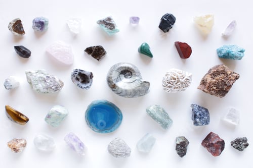 Preview: Large rock, mineral and fossil collection flat lay on white background
