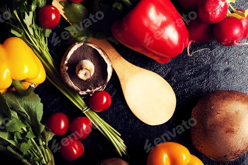 Preview: Over top view of different type of vegetables on dark board