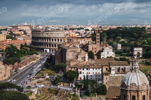 Preview: Panoramic view of ancient city Rome with different landmarks and Coliseum.