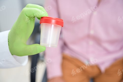 Preview: Clinic employee gives a man container for collecting urine test