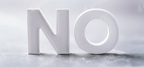 Preview: Word NO made with cement letters on grey marble background. Copy space. Business concept