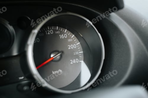 Preview: Close-up of car speedometer with red arrow and dial. Side view dashboard