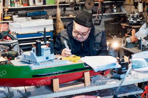 Preview: Retired elderly man making ship model building handcraft on the table in his garage.