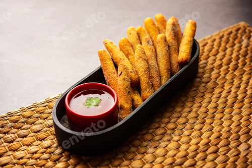 Preview: crispy Rava Aloo fingers or Potato semolina fried finger sticks served with ketchup