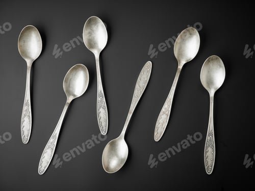 Preview: old silver spoons on black background