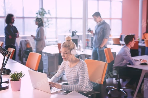 Preview: businesswoman using a laptop in startup office