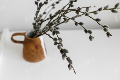 Preview: Willow branches in stylish rustic vase on wooden table. Modern Easter still life