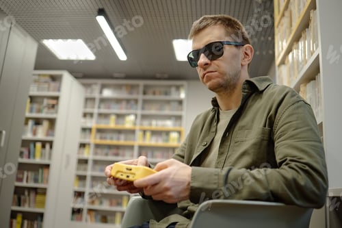 Preview: Middle Aged Man Wearing Sunglasses Using Braille Device in Library