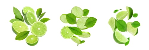 Preview: Fresh lime fruits and green leaves falling on white background, collage design