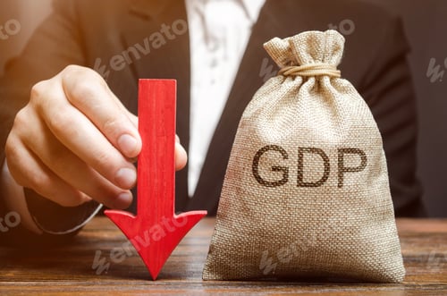 Preview: A bag with the word GDP and a down arrow in the hands of a businessman