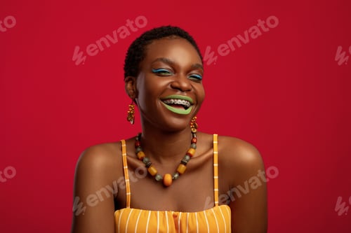 Preview: Cheerful african-american young woman showing positive emotions
