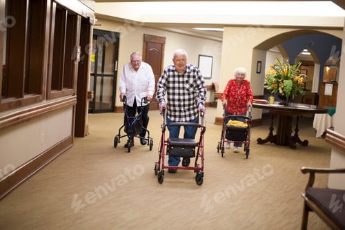 Preview: Three senior adults walking indoors with walking frames