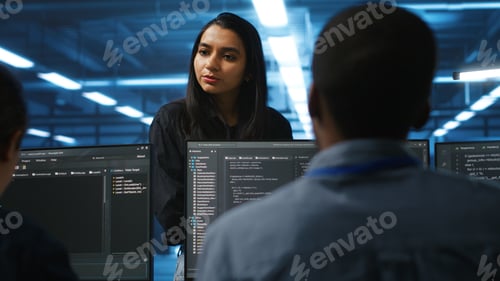 Vista previa: El supervisor que supervisa los clústeres de servidores discute con un equipo multiétnico