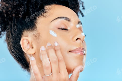 Preview: Beauty, face and relax woman with cream application of ointment, lotion or collagen for skin hydrat