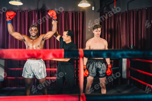 Preview: Gym atmosphere, Two professional fighters posing sport boxing ring. Fighting MMA, Thai Boxing match