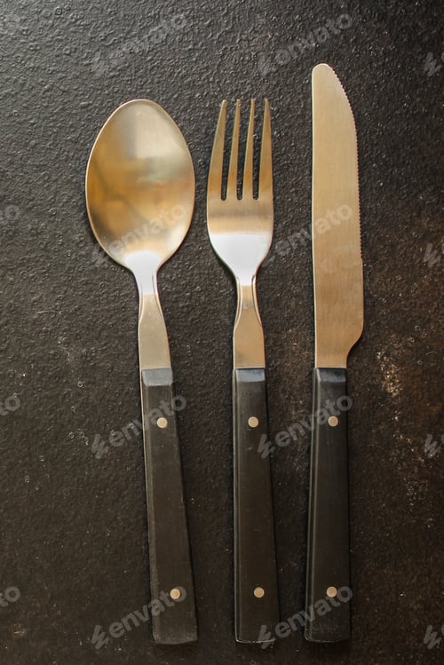 Preview: Cutlery Rustic, Used For Eating Or Serving (Fork, Knife, Spoon - Set). Food Background. Copy Space