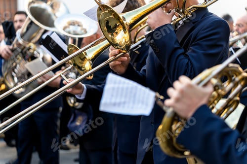 Preview: Band musicians with their instruments on the street. Typical music bands in Spain.