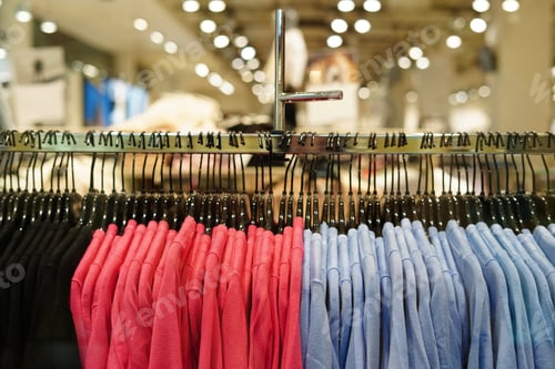 Preview: Clothes in pink and blue colors on hangers in a retail shop. Fashion and shopping center