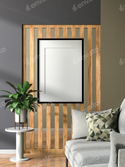 Preview: 3D illustration Mockup photo frame in living room rendering