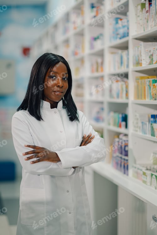 Preview: Confident pharmacist posing with arms crossed in drugstore