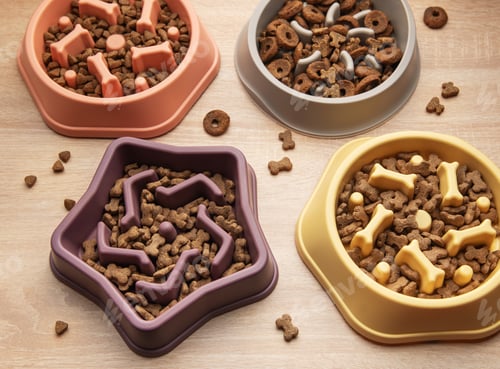 Preview: Different shapes of slow feeder bowls with dry food for dogs on wooden surface