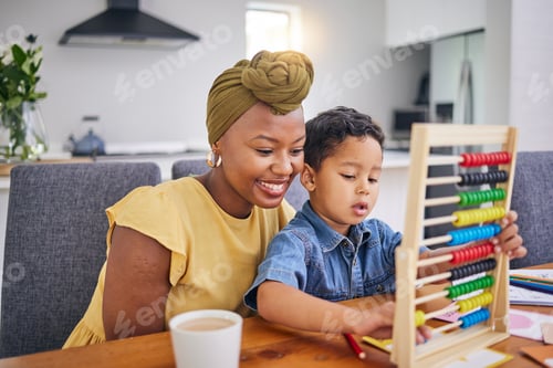 Preview: Mom, child and learning with abacus for education or tutor, teacher or person helping with homework