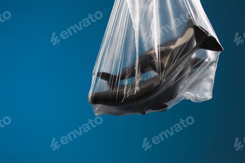 Preview: Ocean Pollution Concept, Toy Whales In Plastic Bag On Blue Background