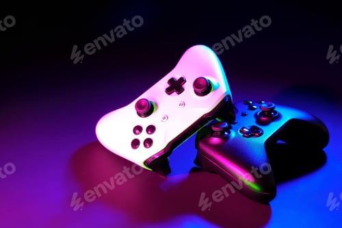 Preview: Gaming joystick on black background in neon light