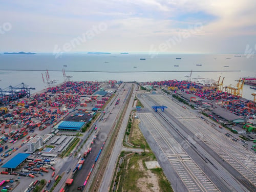 Preview: container cargo ship in the export and import business and logistics. Shipping to the harbor