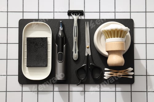Preview: Set of men's shaving tools on light background, top view