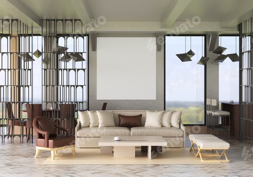Preview: 3D illustration Mockup photo frame in living room rendering