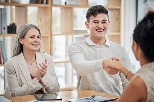 Preview: Happy business people shaking hands, meeting and greeting in an office. Happy professional talking