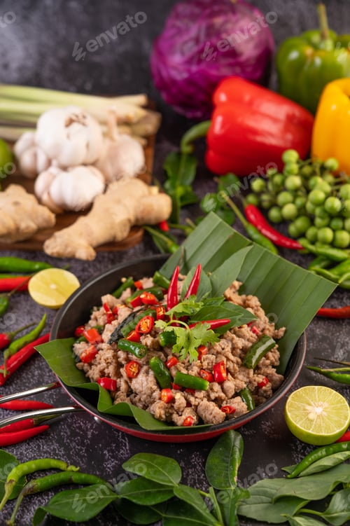 Preview: Stir-fried pork basil on banana leaves in a frying pan.