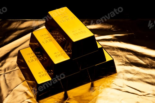 Preview: Stack of gold bars on shiny yellow background.