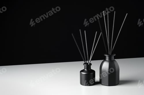 Preview: Two Black Reed Diffuser Bottles on a White Surface With Grey Background