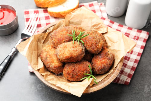 Preview: Delicious patties with rosemary in bowl on grey textured table, closeup