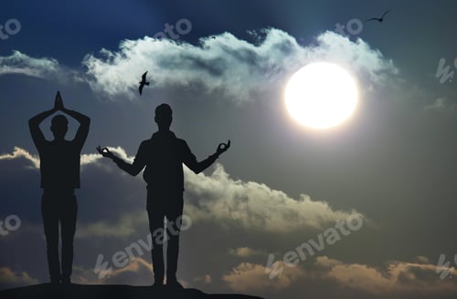 Visualização: Jovem adulto levantando os braços para o mar ao pôr do sol com as mãos levantadas