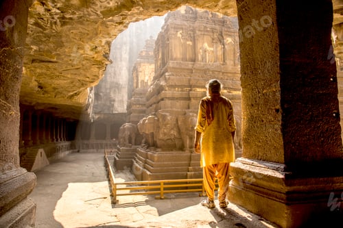 Preview: Hindu Sadhu the holy men visiting the Kailasa Temple, Ellora caves, UNESCO world heritage side.