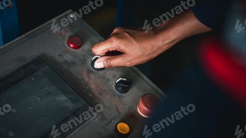 Preview: Close up hand Engineers Pressing button Machinery at Metal Sheet Factory.