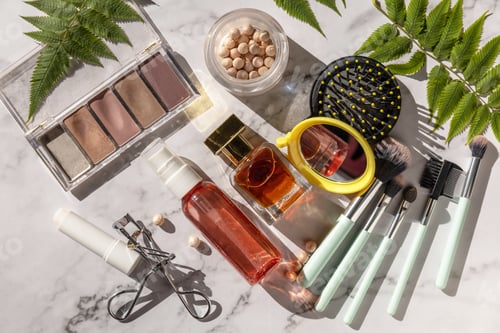 Preview: Makeup flat lay. Decorative cosmetics and makeup brushes