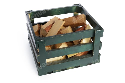 Preview: Wooden crate filled with chopped wood pieces for heating and cooking purposes