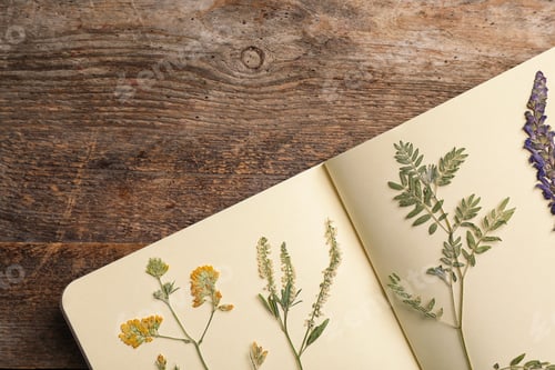 Preview: Wild dried meadow flowers in notebook on wooden background, top view