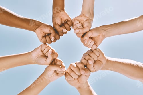 Preview: Support, trust and solidarity fist hands circle with low angle for loyalty, mission and friends wit