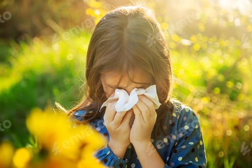 Preview: Child girl allergic to flowers. Selective focus.