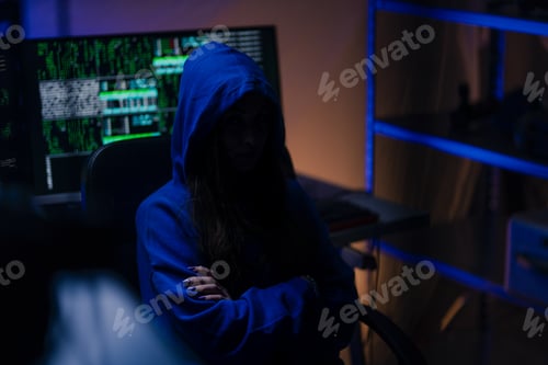 Preview: Hooded anonymous hacker by computer in the dark room at night, cyberwar concept.