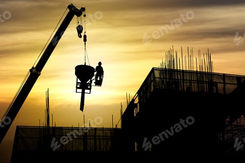 Preview: Silhouette crane construction building at sunset, Industrial construction