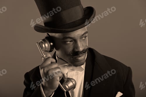 Preview: Retro Afro American Dickens Scrooge Man With Mustache Calling With Vintage Phone. Wearing Black